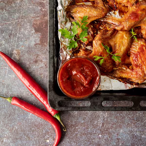 Top view of baked chicken wings with sauce, parsley, and red chili peppers